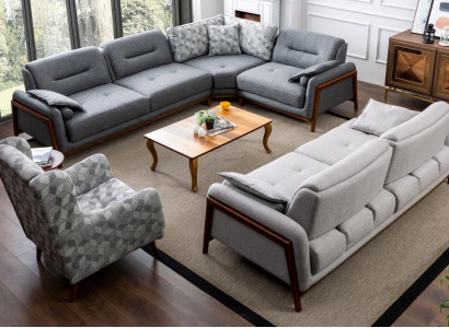 Living room Set Corner sofa L-shape Couch Gray Upholstery 3 +1 Seater Textile